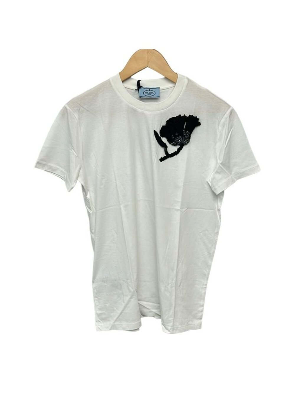 Prada Short Sleeve T-Shirt White Black Crew Neck Beads Bijou Flower L